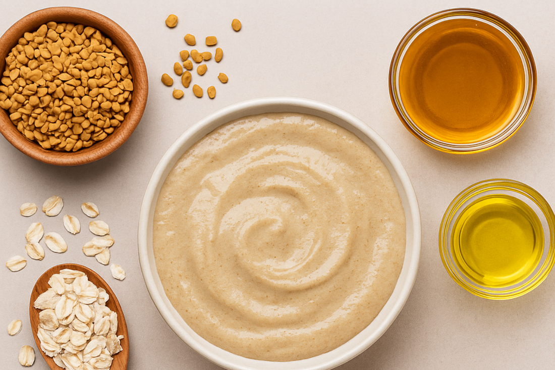 Ingredients for a DIY oatmeal and fenugreek hair mask for natural hair growth and scalp health