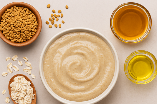 Ingredients for a DIY oatmeal and fenugreek hair mask for natural hair growth and scalp health