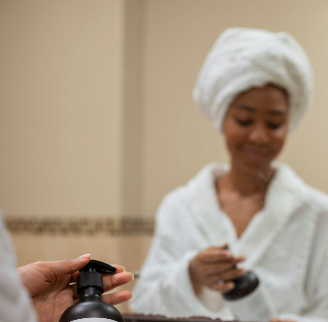 Woman examining shampoo bottle ingredients to check for sulfates damaging her natural curls