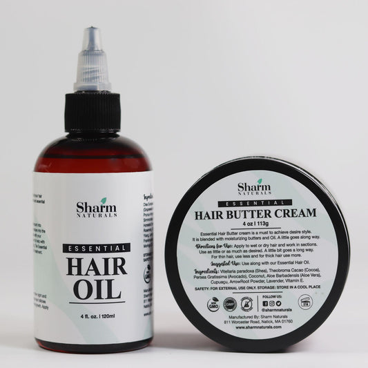 Sharm Naturals Essential Hair Oil and Butter Cream Duo Set with natural ingredients